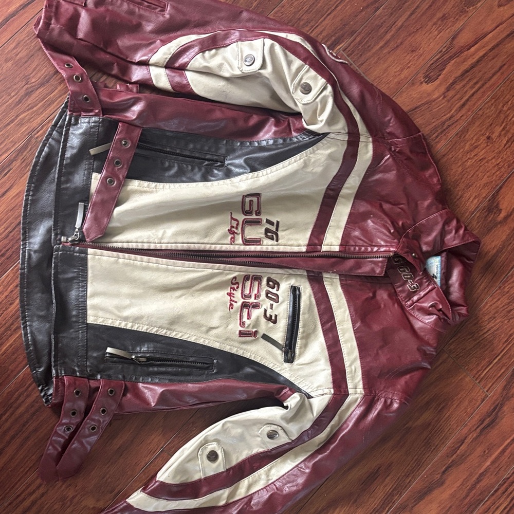 Gusso Leather Jacket in Burgundy and Cream